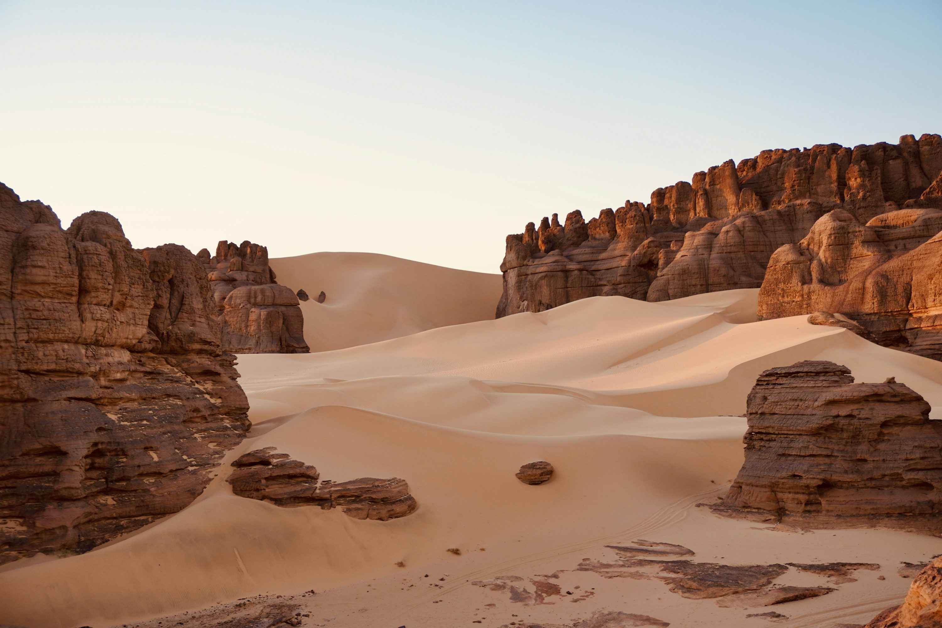 Just before sunrise: Sand dunes in the cliffs of Tin Akachakar